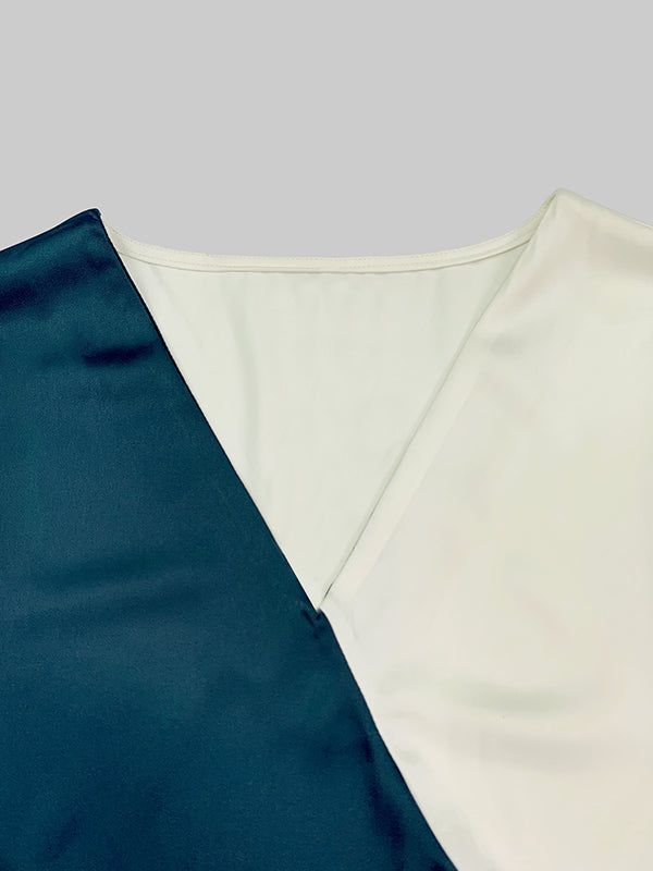 Long Sleeves Loose Color-Block Contrast Color Drawstring Elasticity V-Neck Blouses&Shirts Tops