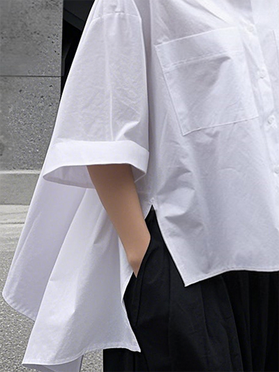Half Sleeves Loose Buttoned Pockets Solid Color Lapel Blouses&Shirts Tops