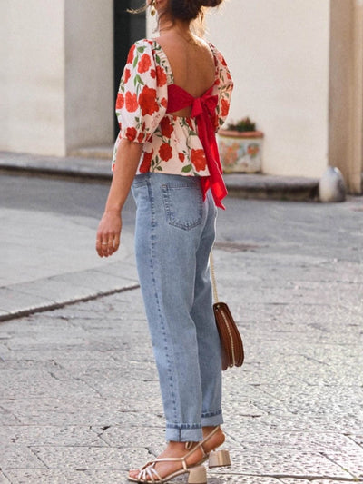 Loose Short Sleeves Backless Bow-Embellished Contrast Color Flower Print Pleated Split-Joint Square-Neck Blouses&Shirts Tops