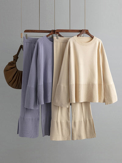 Casual Long Sleeves Loose Solid Color Round-Neck Sweater Tops & Wide Leg Pants Two Pieces Set