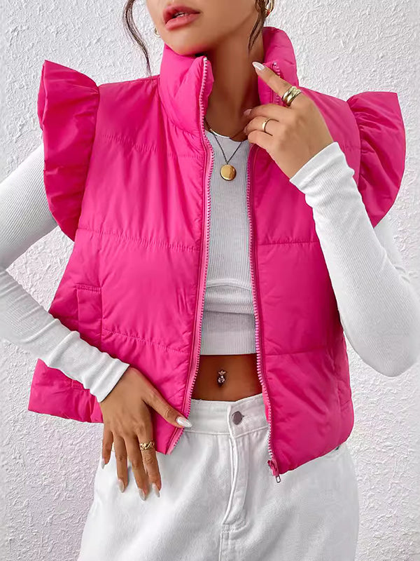 Flared Sleeves Pleated Solid Color Split-Joint High Neck Padded Vest