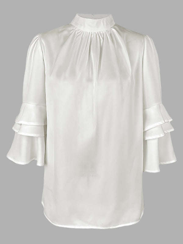Half Sleeves Loose Layered Pleated Solid Color Split-Joint Mock Neck Blouses&Shirts Tops