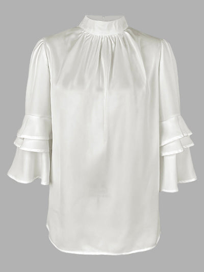 Half Sleeves Loose Layered Pleated Solid Color Split-Joint Mock Neck Blouses&Shirts Tops