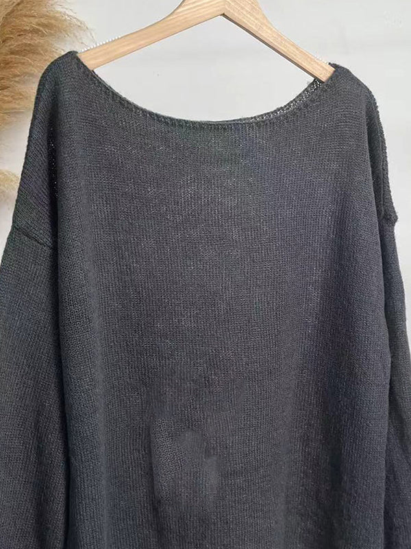 Long Sleeves Loose See-Through Solid Color Split-Joint Round-Neck Sweater Tops