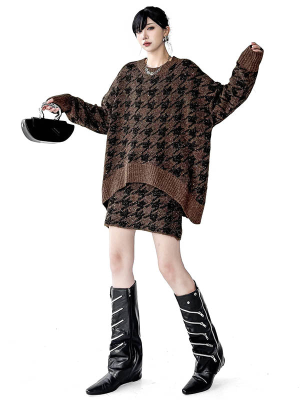 Contrast Color Split-Joint Ribs Shiny Swallow Gird/Houndstooth Round-Neck Sweater Tops + A-Line Elasticated Waist Skirts Bottoms  Two Pieces Set