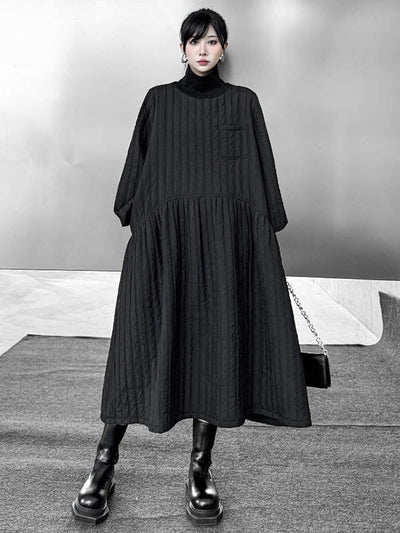 A-Line Long Sleeves Embossed Pockets Quilted Solid Color Split-Joint High Neck Midi Dresses Sweater Dresses