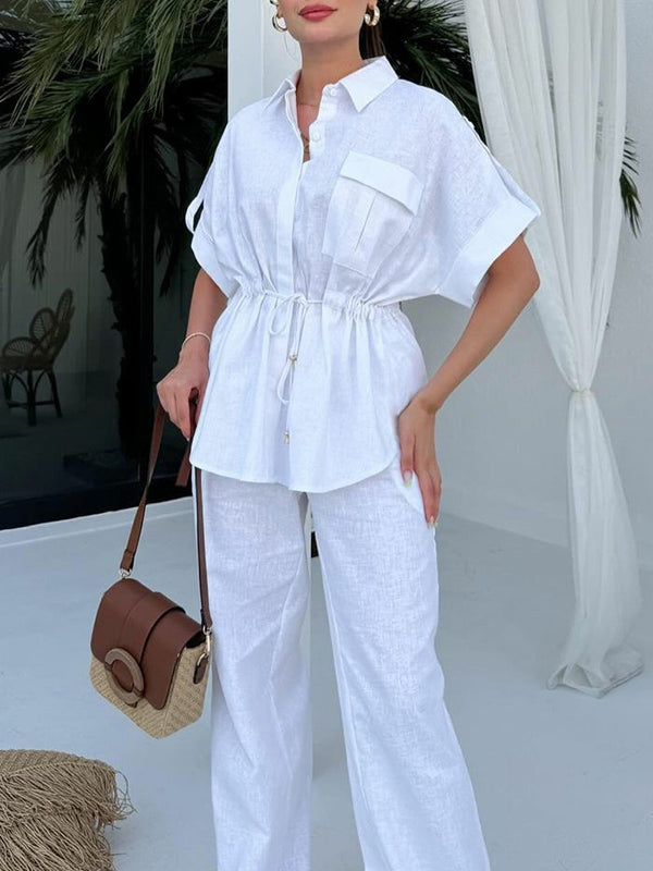 Loose Drawstring Split-Joint Tied Waist Lapel Blouse + High Waisted Pants Trousers Two Pieces Set