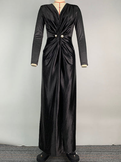 Solid Color Bodycon Long Sleeves Pleated  Split-Front Tied Waist Deep V-Neck Maxi Dresses