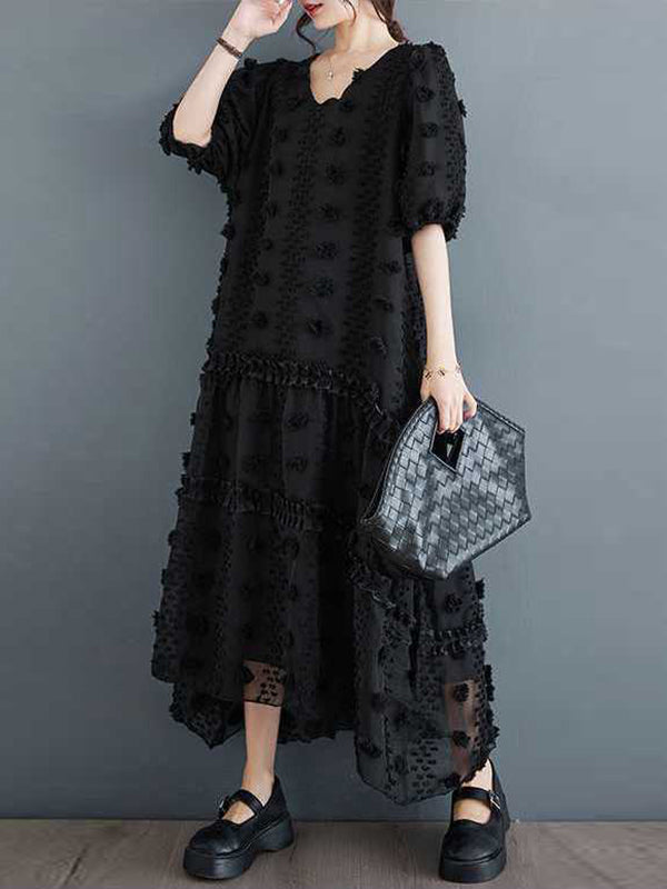 A-Line Half Sleeves Elasticity Jacquard Solid Color Split-Joint V-Neck Midi Dresses