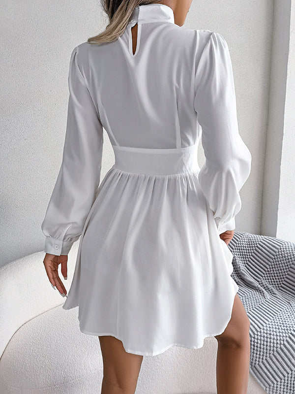 A-Line Elasticated Waist Hollow Solid Color Zipper Half Turtleneck Mini Dresses