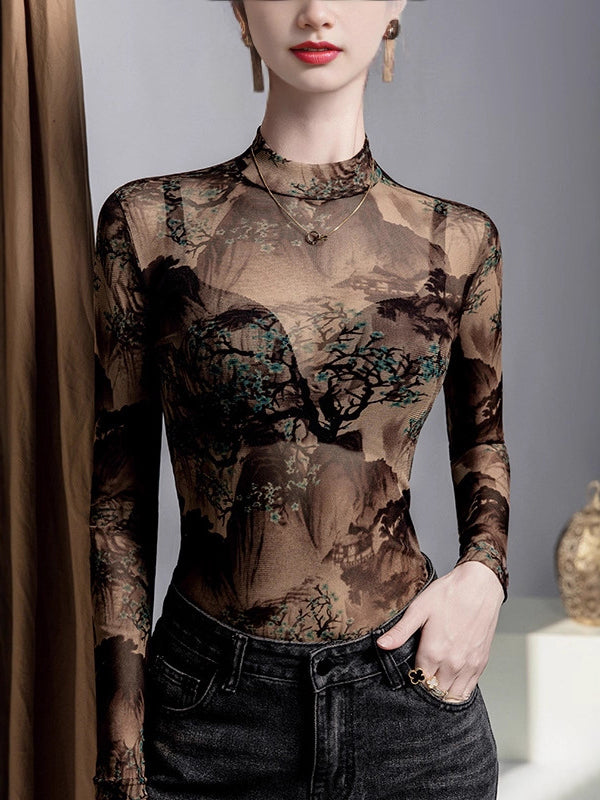 Long Sleeves Plus Size Asymmetric Mesh See-Through Split-Joint Round-Neck T-Shirts Tops