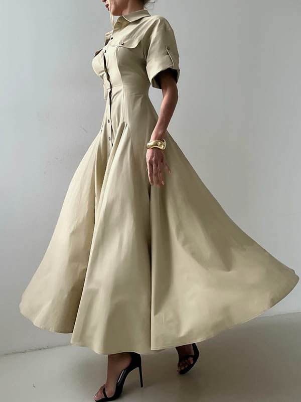 Short Sleeves Buttoned Solid Color Lapel Maxi Dresses Shirt Dress