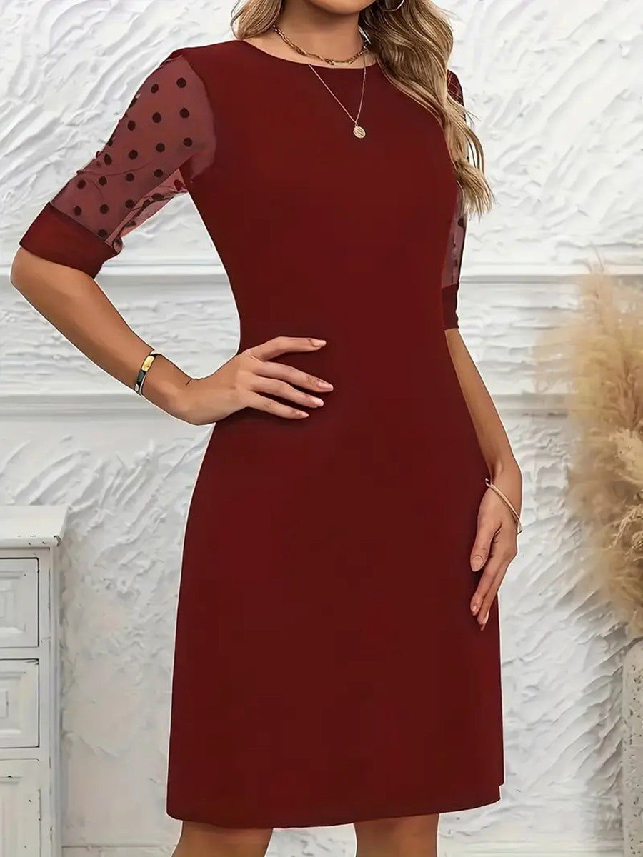A-Line Half Sleeves Polka-Dot See-Through Solid Color Split-Joint Round-Neck Mini Dresses