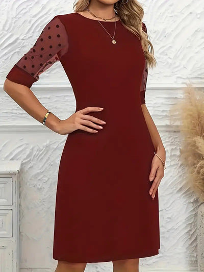 A-Line Half Sleeves Polka-Dot See-Through Solid Color Split-Joint Round-Neck Mini Dresses
