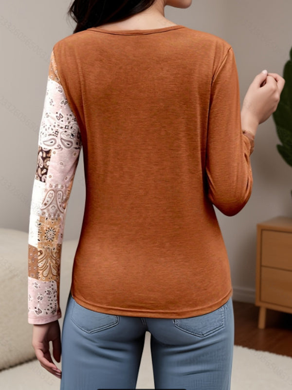 Irregularity Long Sleeves Asymmetric Buckle Contrast Color Pleated Split-Joint Round-Neck T-Shirts Tops
