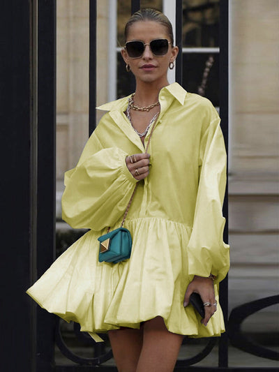 Urban Puff Sleeves Buttoned Split-Joint Solid Color Lapel Mini Dresses Shirt Dress