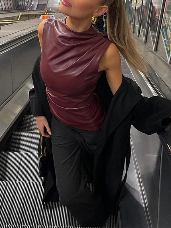 Skinny Sleeveless Asymmetric Pleated Solid Color Mock Neck Vest Top