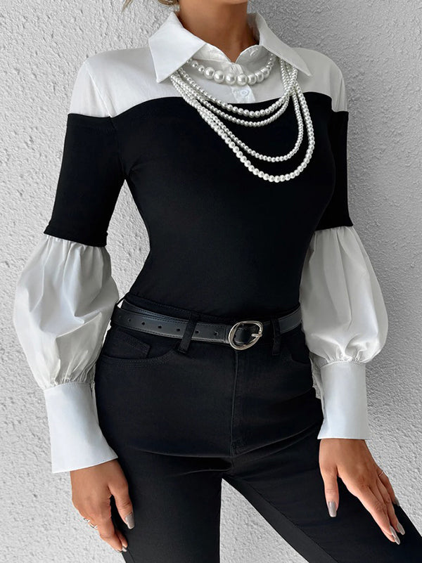 Long Sleeves Loose Buttoned Contrast Color Pleated Split-Joint Lapel Blouses&Shirts Tops