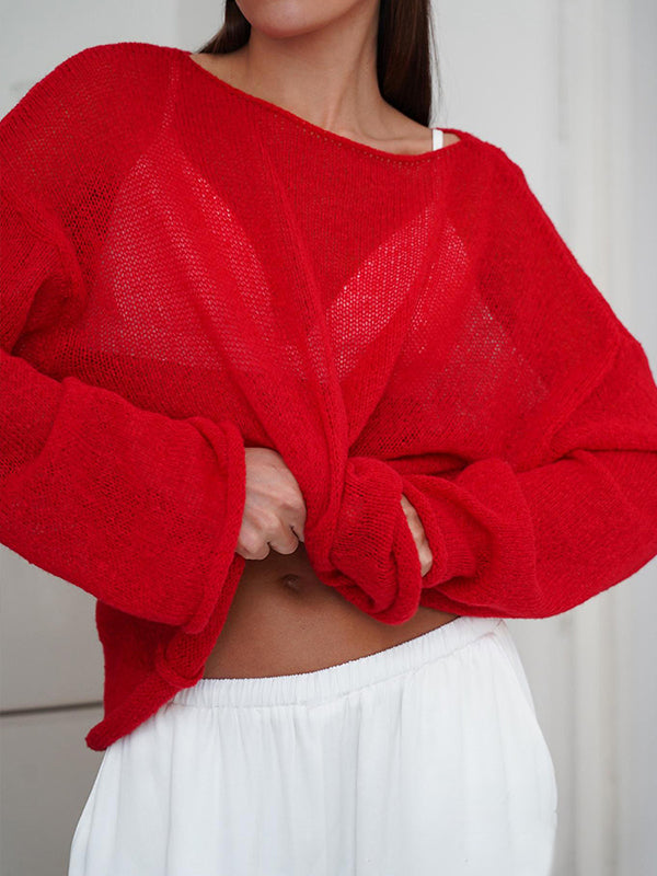 Long Sleeves Loose See-Through Solid Color Split-Joint Round-Neck Sweater Tops