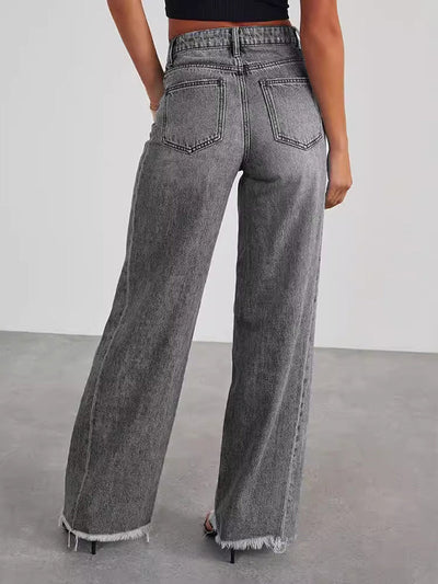 High Waisted Wide Leg Split-Joint Tasseled Jean Pants Bottoms