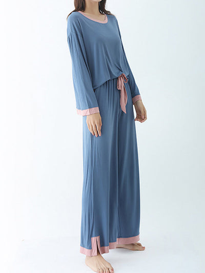 Long Sleeves Loose Contrast Color Round-Neck Two Pieces Pajama Set