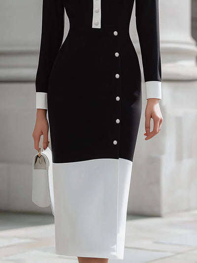 High Waisted Long Sleeves Buttoned Contrast Color Split-Front Split-Joint Lapel Midi Dresses
