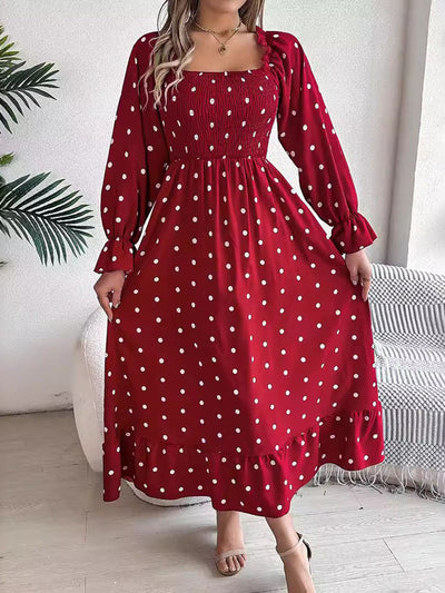 High Waisted Long Sleeves Pleated Polka Dot Ruffled Square-Neck Maxi Dresses Shirt Dress