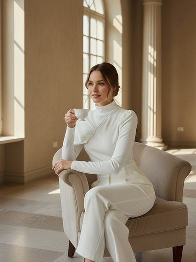 Irregularity Long Sleeves Asymmetric Pleated Solid Color High Neck Sweatshirt Tops