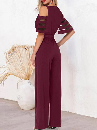 High Waisted Loose Hollow Mesh Solid Color Tied Waist V-Neck Jumpsuits
