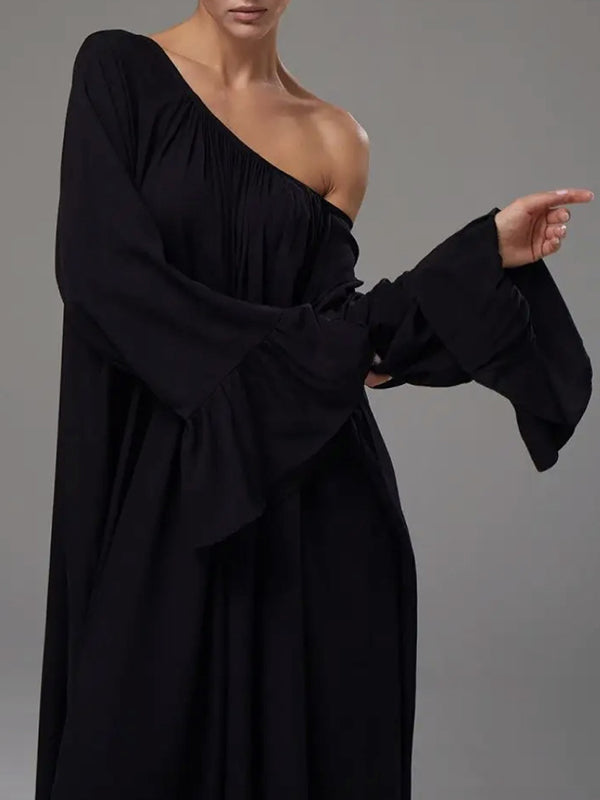 Flared Sleeves Loose Pleated Solid Color Split-Joint Round-Neck Maxi Dresses