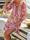 A-Line Loose Buttoned Contrast Color Flower Print Pleated V-Neck Mini Dresses