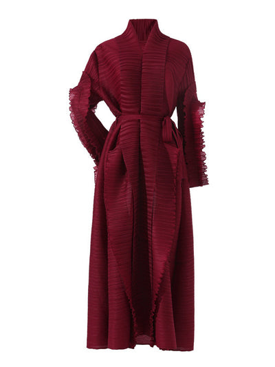 Casual Long Sleeves Loose Tied Pleated Stand Collar Midi Dresses