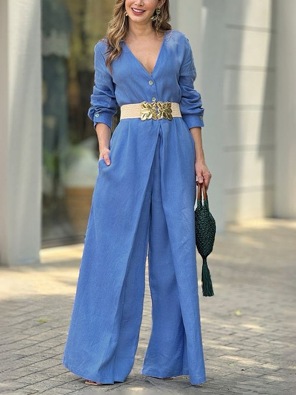 High Waisted Long Sleeves Buttoned Pockets Solid Color V-Neck Jumpsuits