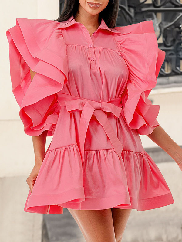 A-Line High Waisted Buttoned Pleated Ruffled Solid Color Tied Waist Lapel Mini Dresses