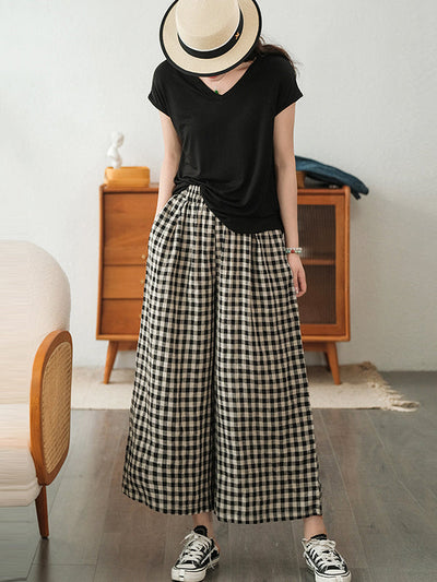 Artistic Retro Linen Loose Wide Legs Plaid Drawstring Pants