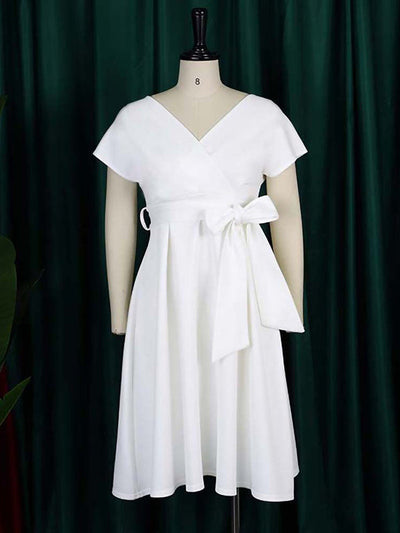 Bowknot Lace-Up Solid Color V-Neck Midi Dresses