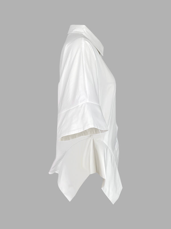 Half Sleeves Loose Buttoned Solid Color Lapel Blouses&Shirts Tops