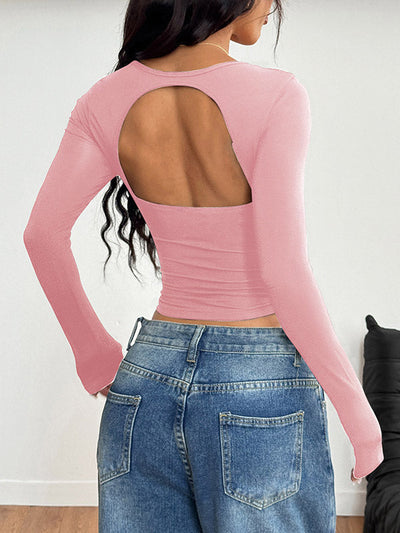 Long Sleeves Skinny Backless Pleated Solid Color Square-Neck T-Shirts Tops