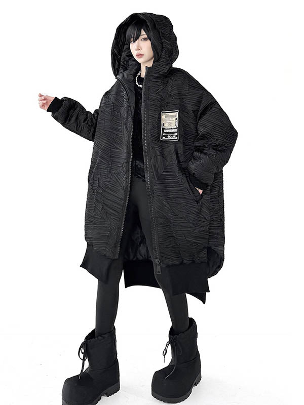 High-Low Irregularity Abstract Printed Contrast Color Split-Joint Zipper Hooded Outerwear Overcoat