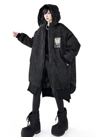 High-Low Irregularity Abstract Printed Contrast Color Split-Joint Zipper Hooded Outerwear Overcoat