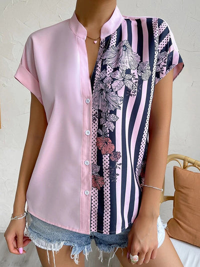 Loose Short Sleeves Buttoned Contrast Color Flower Print Striped V-Neck Blouses&Shirts Tops
