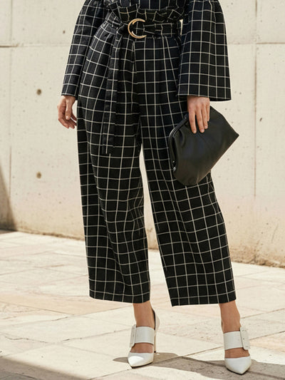 Elasticated Waist High Waisted Belted Contrast Color Split-Joint Pants