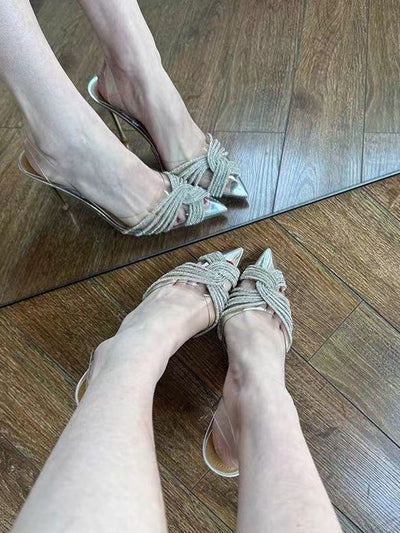 Interlace Peep Toe Rhinestone Shiny Pumps Sandals