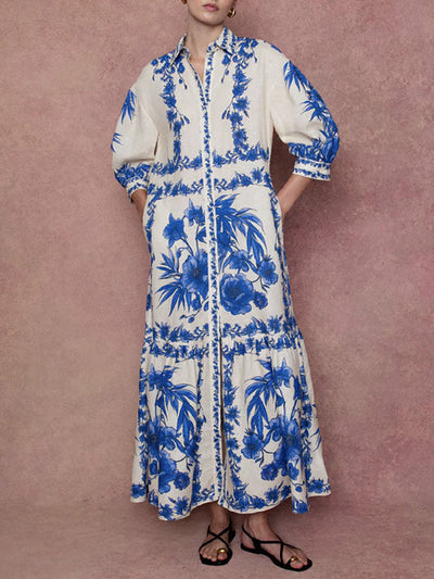 Loose Puff Sleeves Floral Printed Pleated Split-Joint Tied Waist Lapel Maxi Dresses Shirt Dress