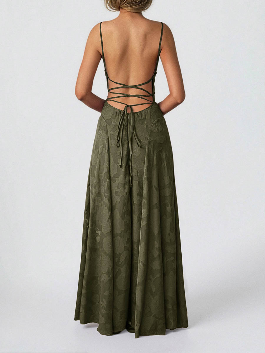 A-Line High Waisted Jacquard Pleated Solid Color Spaghetti-Neck Maxi Dresses