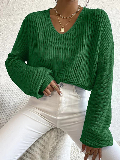 Long Sleeves Loose Solid Color Split-Joint V-Neck Pullovers Sweater Tops