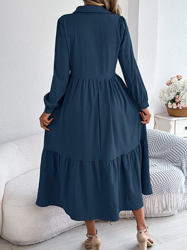 High Waisted Long Sleeves Pleated Ruffled Solid Color Lapel Midi Dresses Shirt Dress