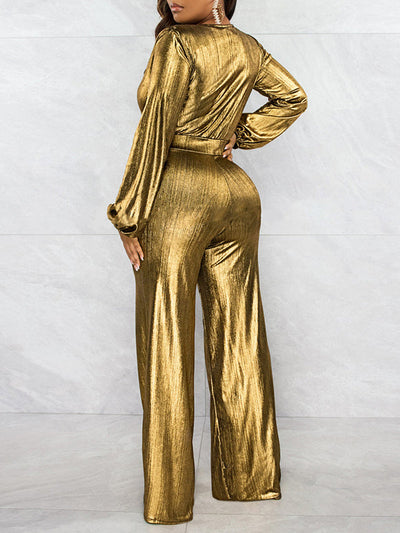 Bodycon High Waisted Elasticity Shiny Solid Color V-Neck Jumpsuits