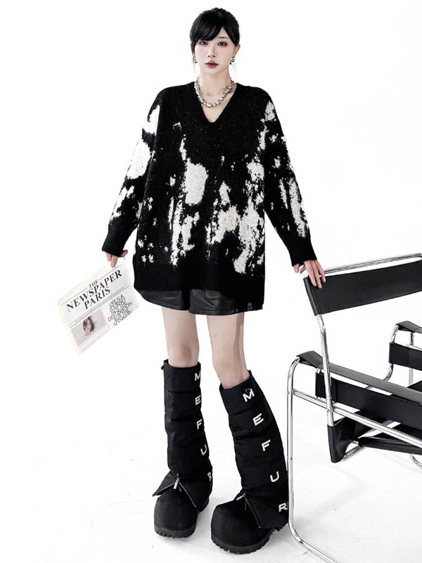 Long Sleeves Loose Abstract Printed Contrast Color Ribs Split-Joint V-Neck Sweater Tops