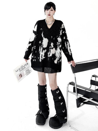 Long Sleeves Loose Abstract Printed Contrast Color Ribs Split-Joint V-Neck Sweater Tops
